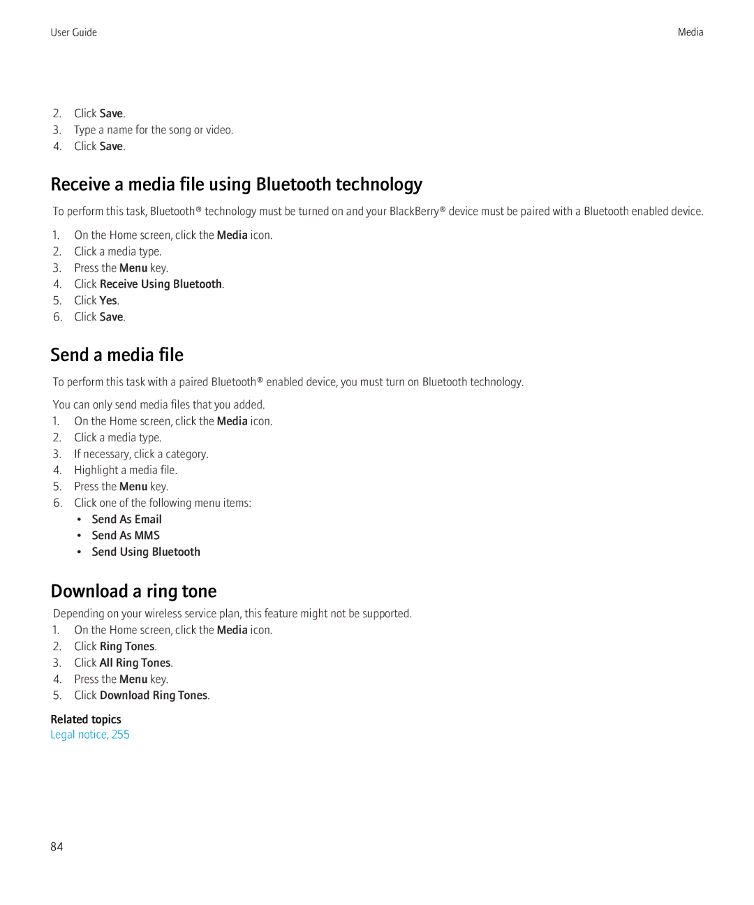 Blackberry 8230 manual Receive a media file using Bluetooth technology, Send a media file, Download a ring tone 