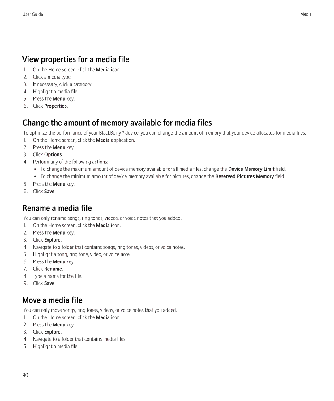 Blackberry 8230 View properties for a media file, Change the amount of memory available for media files, Move a media file 