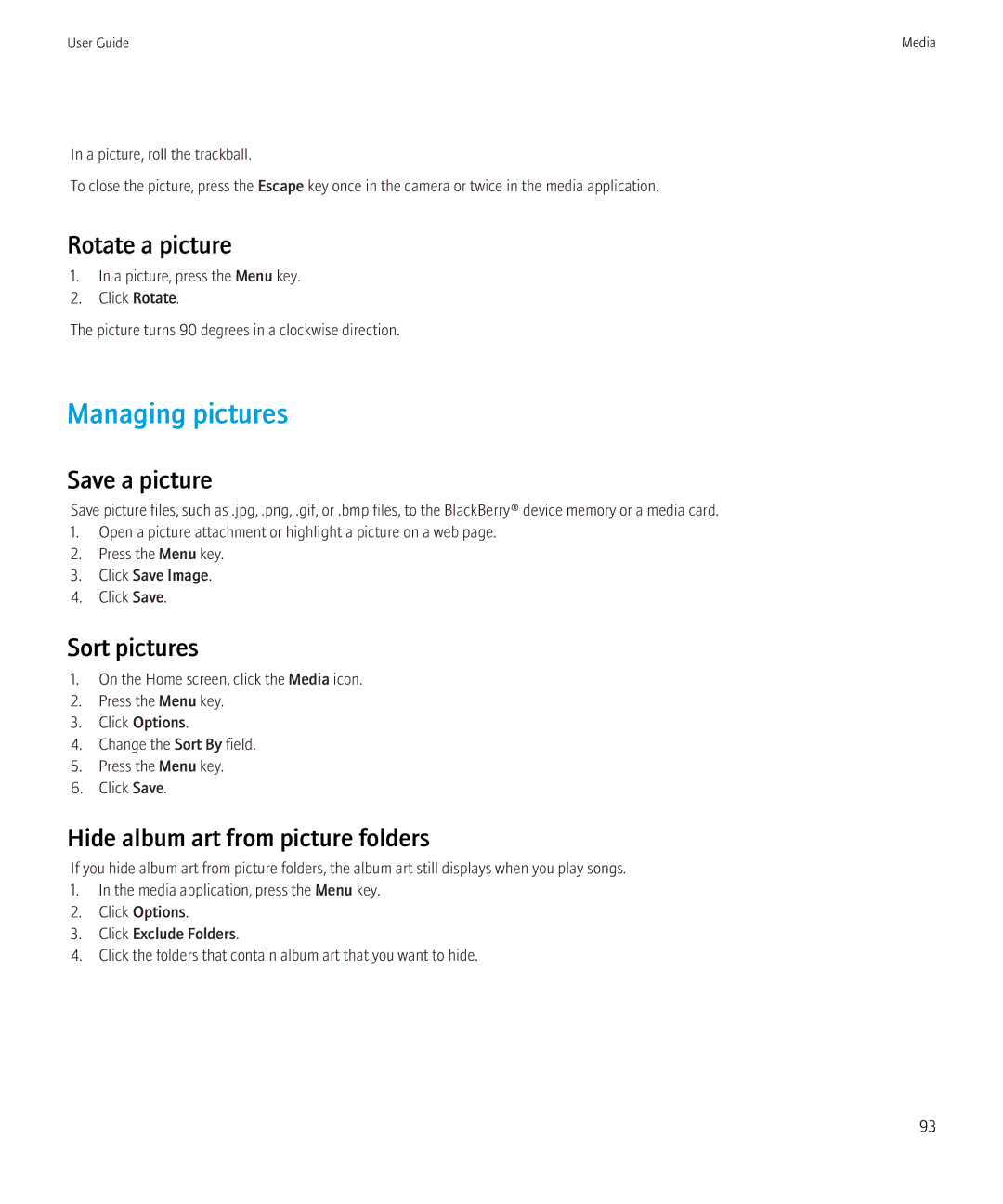 Blackberry 8230 Managing pictures, Rotate a picture, Save a picture, Sort pictures, Hide album art from picture folders 