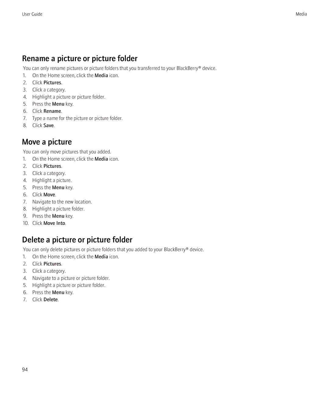 Blackberry 8230 manual Rename a picture or picture folder, Move a picture, Delete a picture or picture folder 