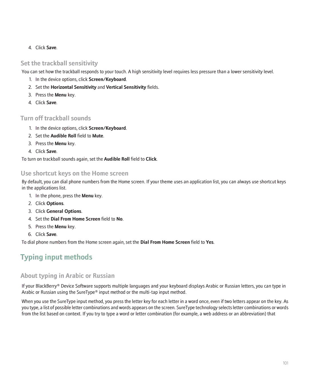 Blackberry 8300 manual Typing input methods, Set the trackball sensitivity, Turn off trackball sounds 