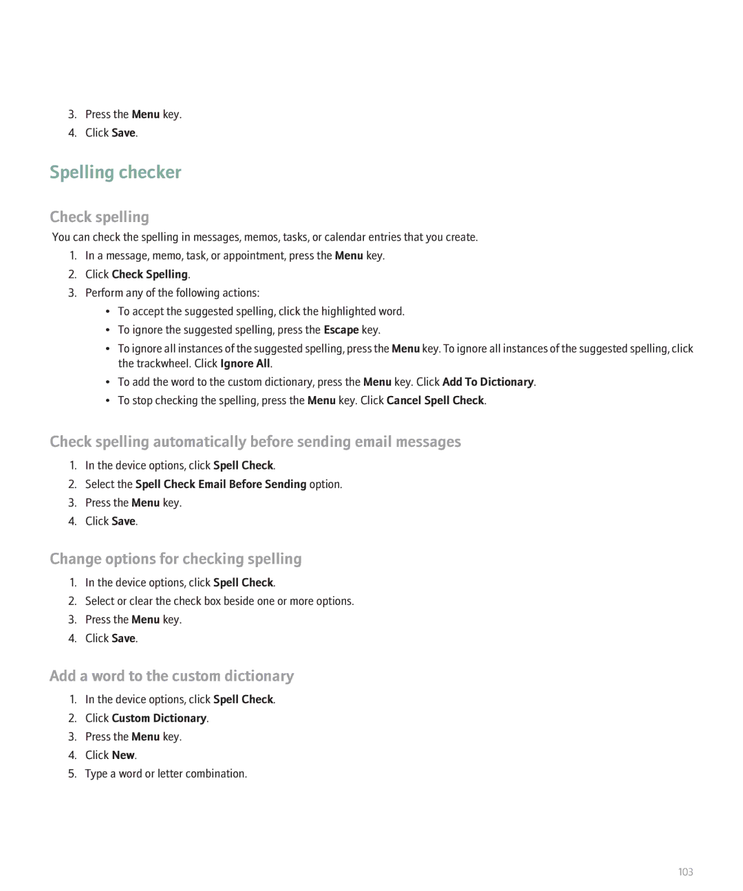 Blackberry 8300 manual Spelling checker, Change options for checking spelling, Add a word to the custom dictionary 
