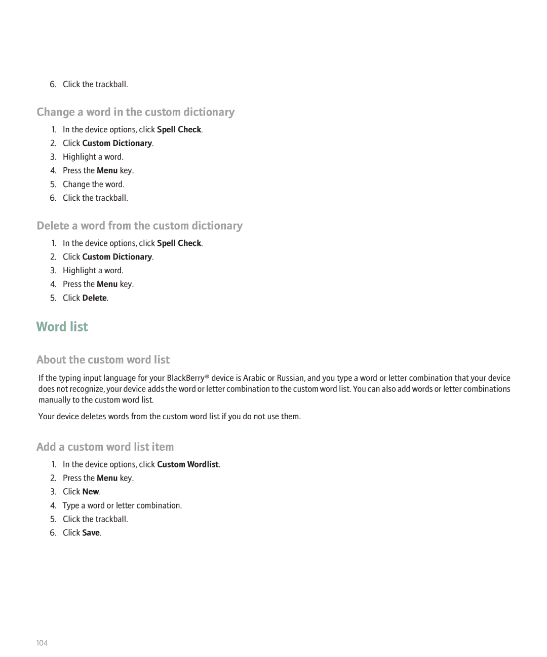 Blackberry 8300 manual Word list, Change a word in the custom dictionary, Delete a word from the custom dictionary 