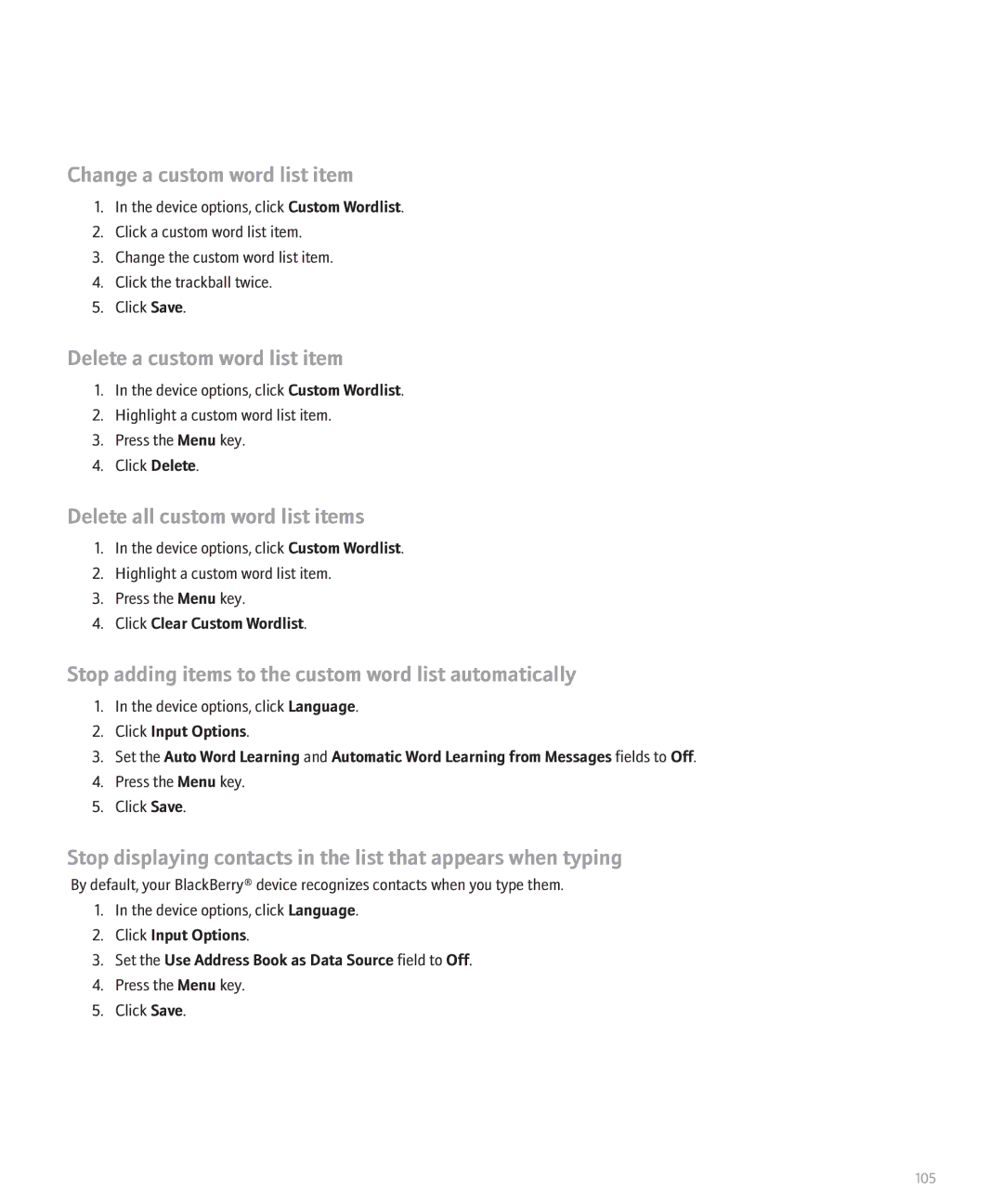 Blackberry 8300 manual Change a custom word list item, Delete a custom word list item, Delete all custom word list items 