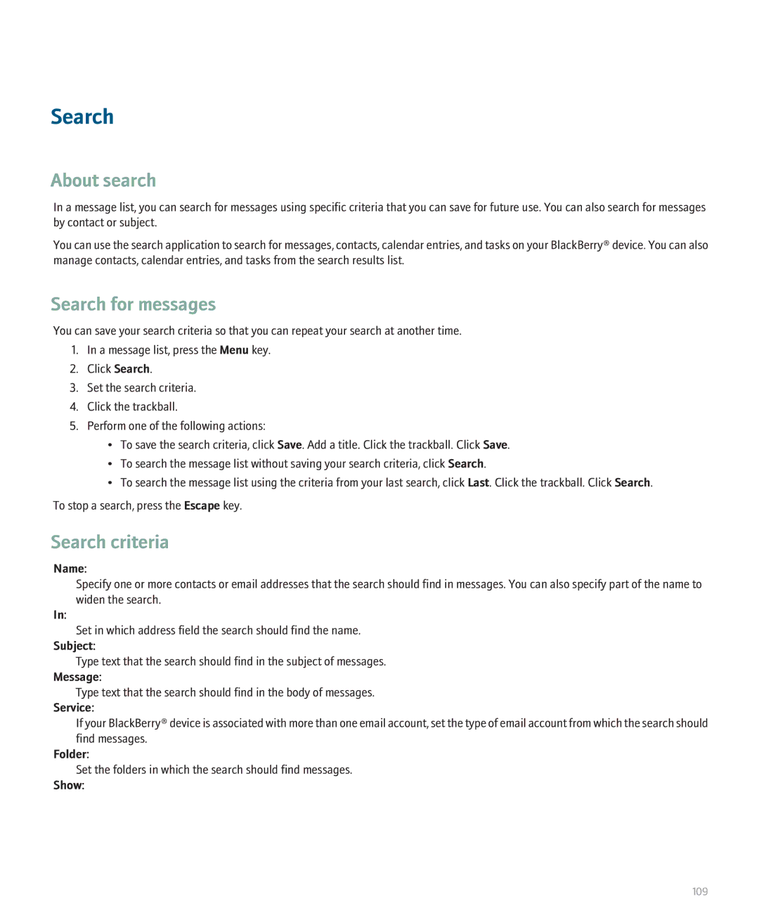 Blackberry 8300 manual About search, Search for messages, Search criteria 