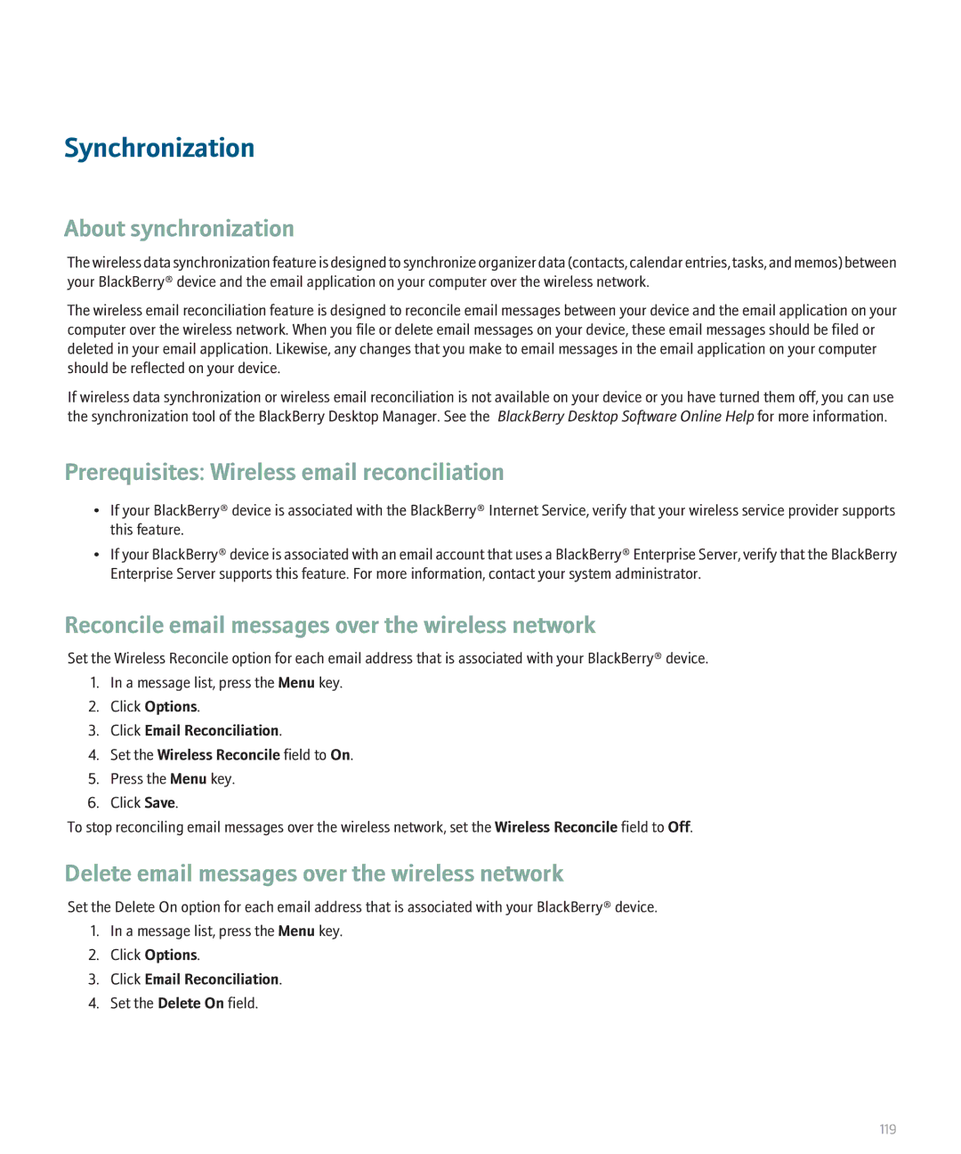 Blackberry 8300 manual Synchronization, About synchronization, Prerequisites Wireless email reconciliation 