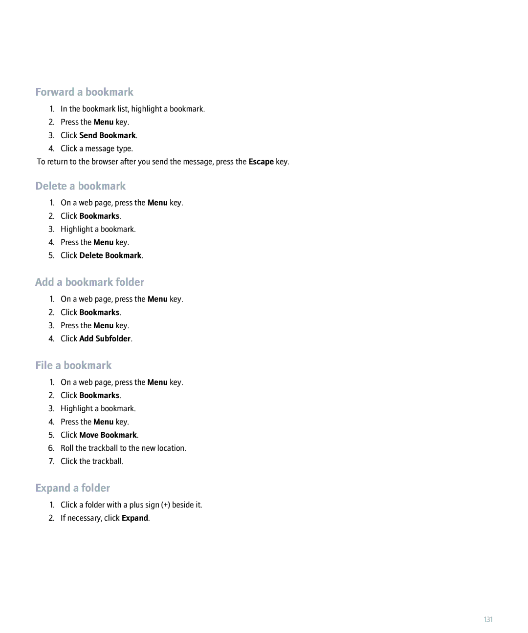 Blackberry 8300 manual Forward a bookmark, Delete a bookmark, Add a bookmark folder, File a bookmark, Expand a folder 
