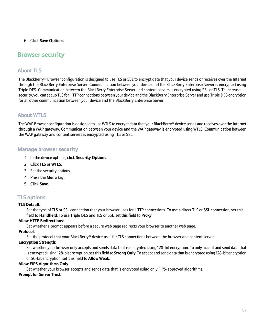 Blackberry 8300 manual Browser security, About TLS, About Wtls, Manage browser security, TLS options 