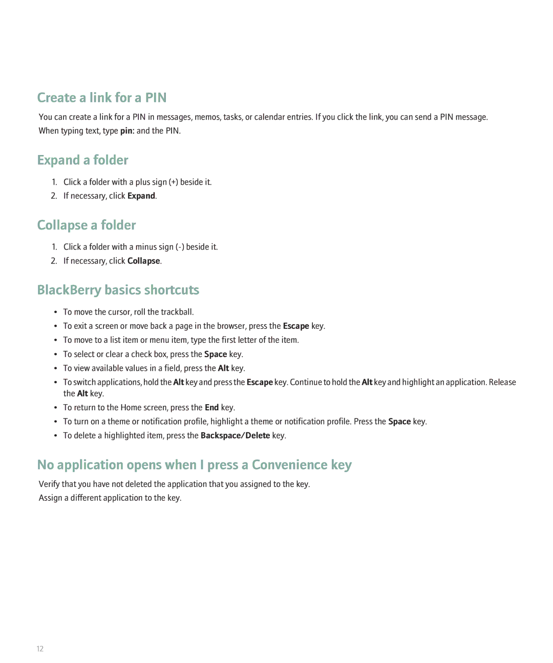 Blackberry 8300 manual Create a link for a PIN, Expand a folder, Collapse a folder, BlackBerry basics shortcuts 