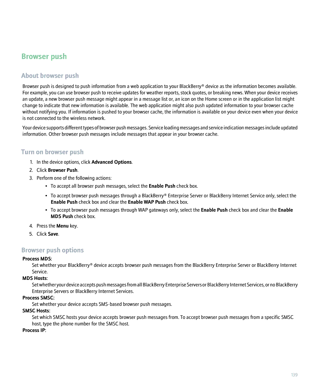 Blackberry 8300 manual About browser push, Turn on browser push, Browser push options 