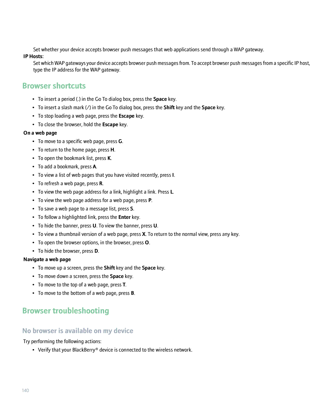 Blackberry 8300 manual Browser troubleshooting, No browser is available on my device, IP Hosts 