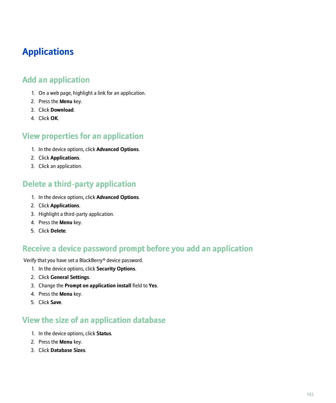 Blackberry 8300 Applications, Add an application, View properties for an application, Delete a third-party application 