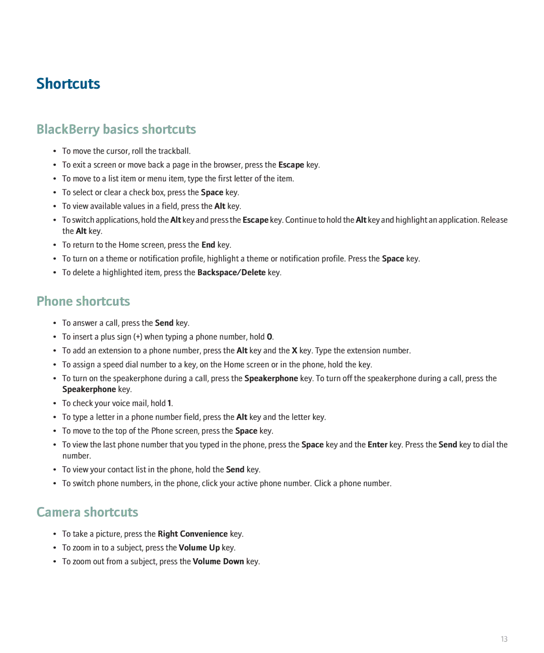 Blackberry 8300 manual Shortcuts, Phone shortcuts, Camera shortcuts 