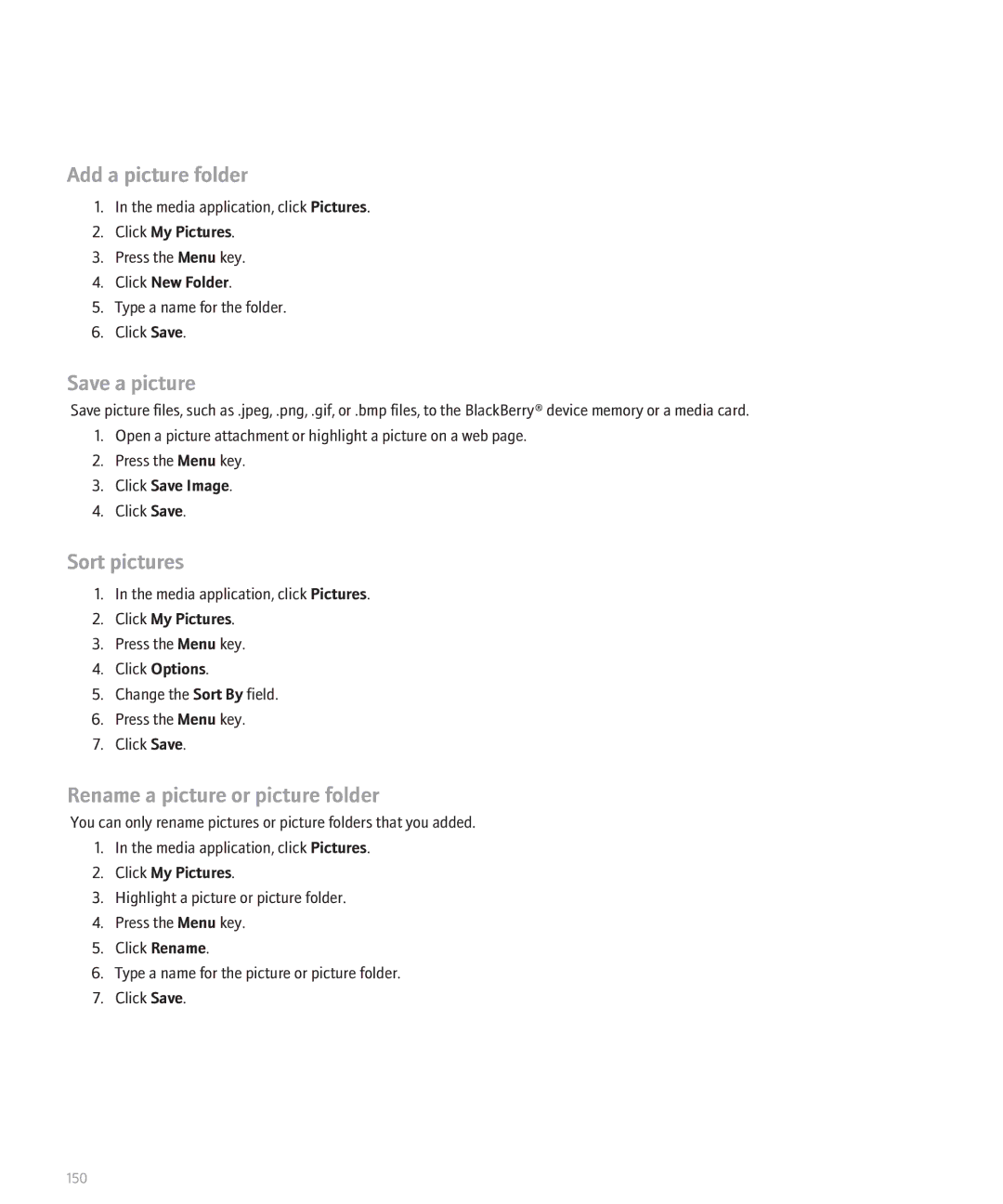 Blackberry 8300 manual Add a picture folder, Save a picture, Sort pictures, Rename a picture or picture folder 