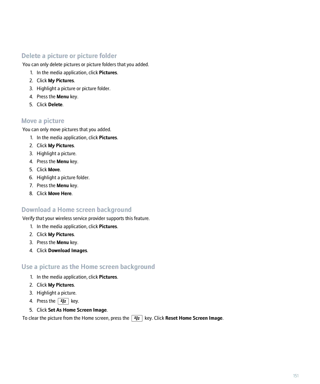 Blackberry 8300 manual Delete a picture or picture folder, Move a picture, Download a Home screen background 