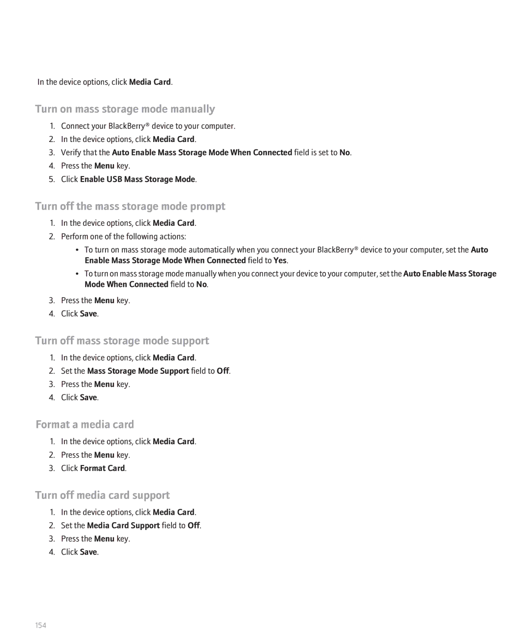Blackberry 8300 Turn on mass storage mode manually, Turn off the mass storage mode prompt, Format a media card 
