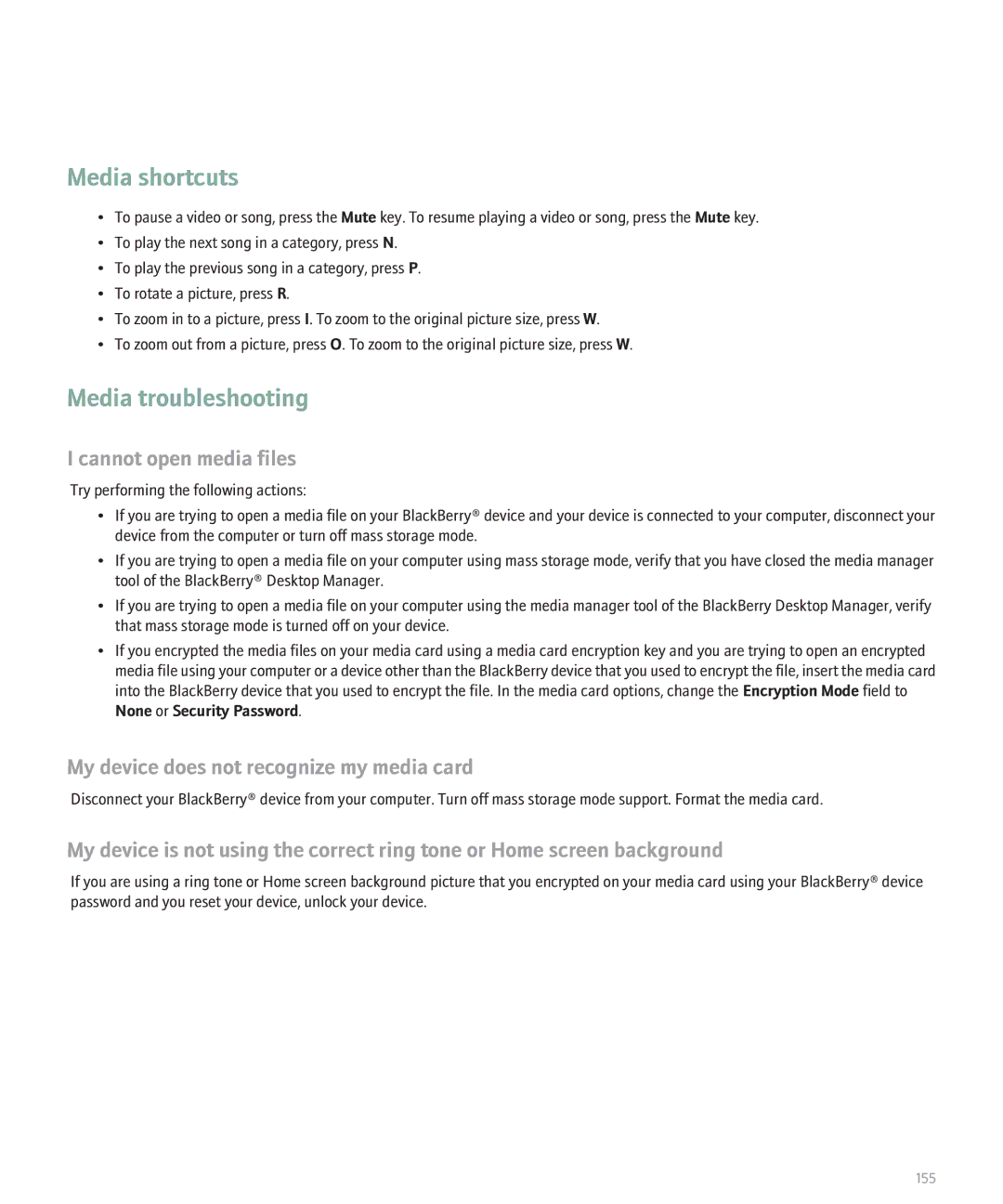 Blackberry 8300 manual Media troubleshooting, Cannot open media files, My device does not recognize my media card 