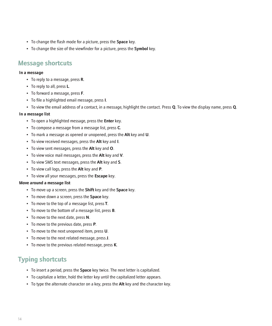 Blackberry 8300 manual Message shortcuts, Typing shortcuts, A message list, Move around a message list 