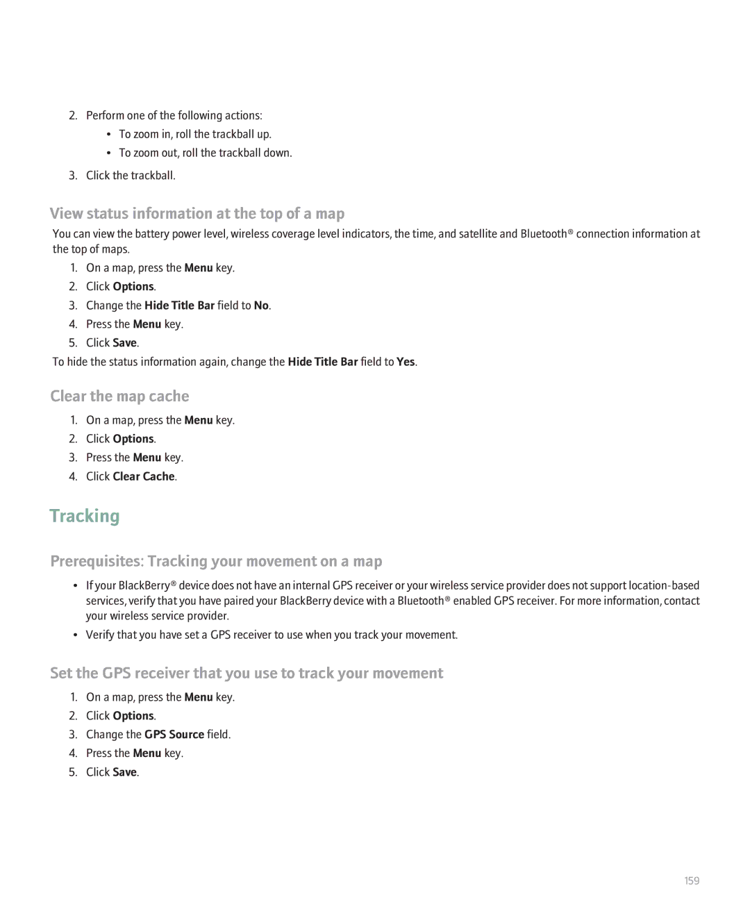 Blackberry 8300 manual Tracking, View status information at the top of a map, Clear the map cache 