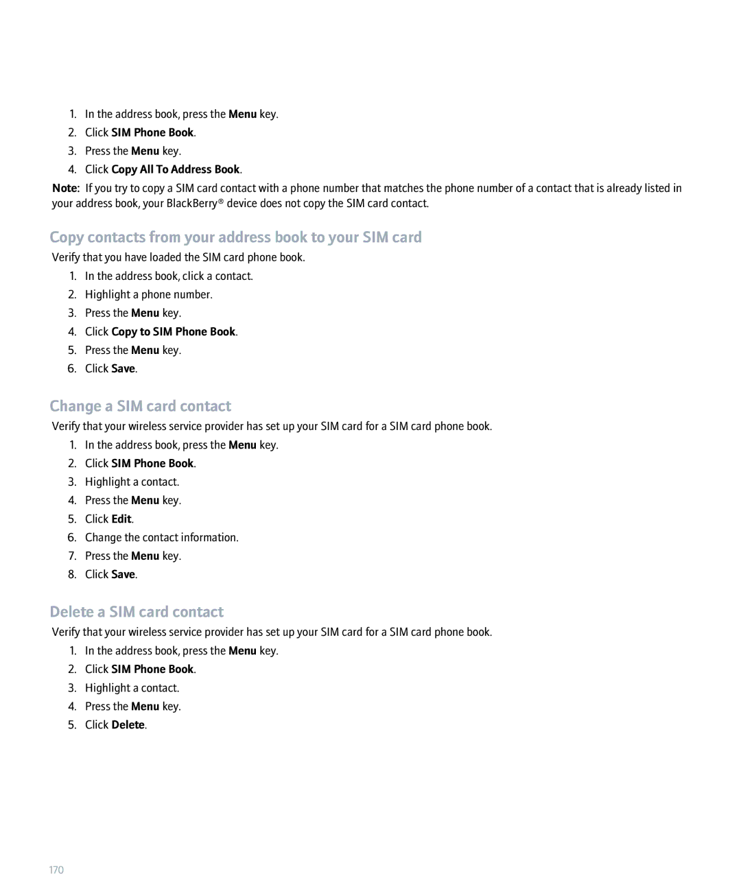 Blackberry 8300 manual Copy contacts from your address book to your SIM card, Change a SIM card contact 