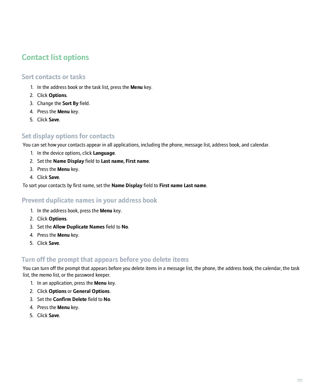Blackberry 8300 manual Contact list options, Sort contacts or tasks, Set display options for contacts 