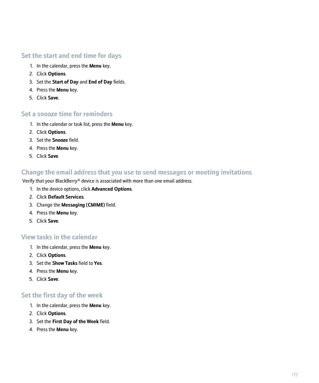 Blackberry 8300 manual Set the start and end time for days, Set a snooze time for reminders, View tasks in the calendar 