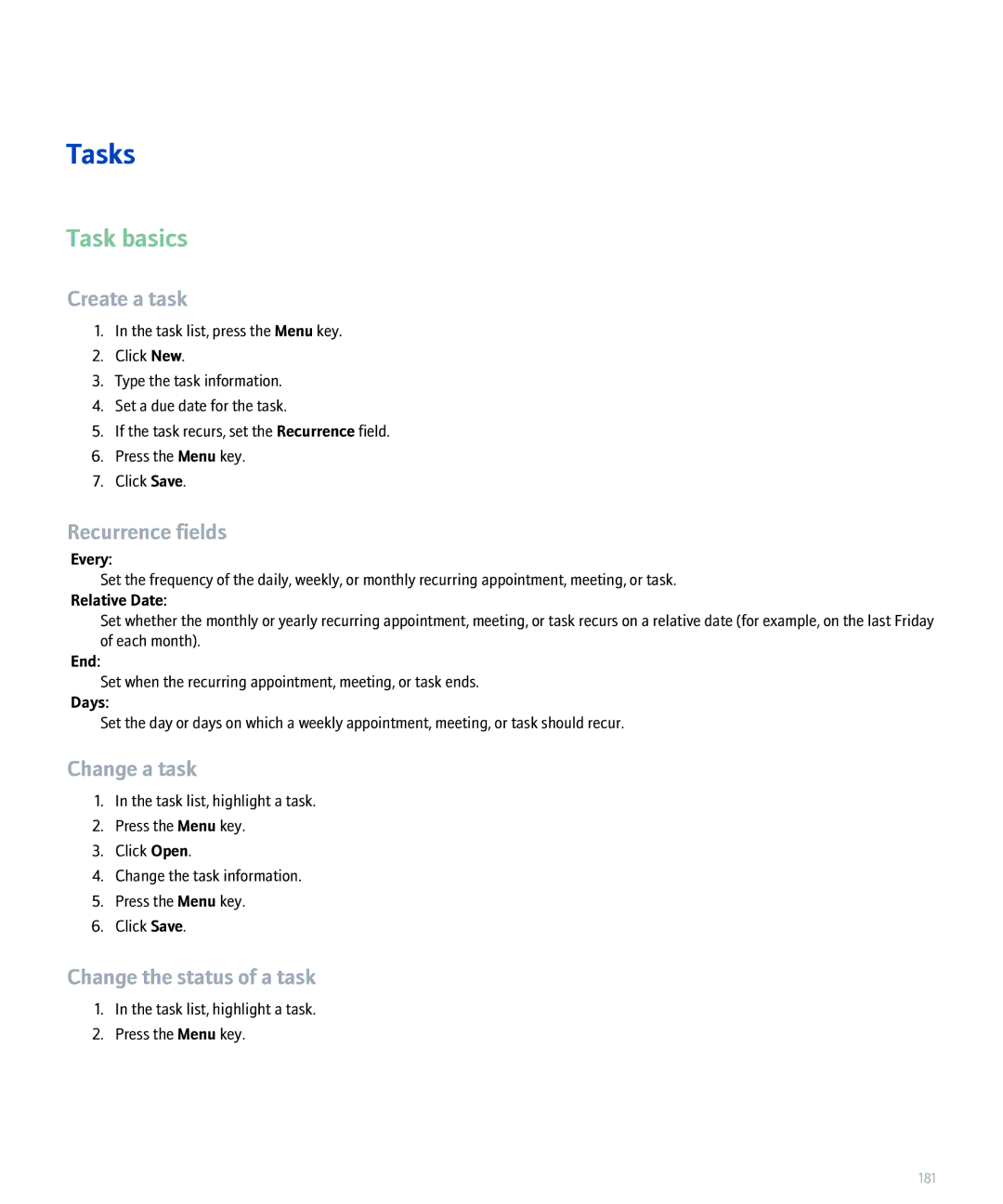 Blackberry 8300 manual Tasks, Task basics, Create a task, Change a task, Change the status of a task 