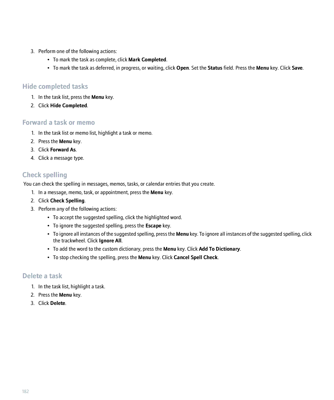 Blackberry 8300 manual Hide completed tasks, Forward a task or memo, Delete a task, Click Hide Completed, Click Forward As 
