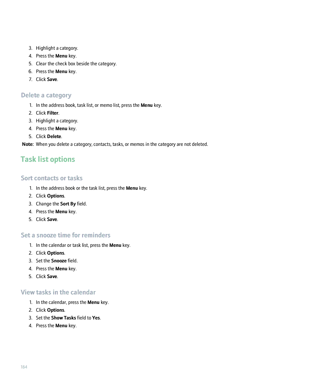 Blackberry 8300 manual Task list options, Delete a category 