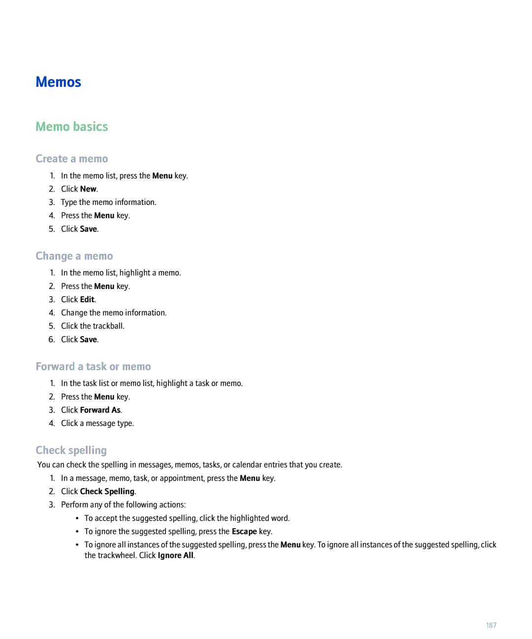 Blackberry 8300 manual Memos, Memo basics, Create a memo, Change a memo 