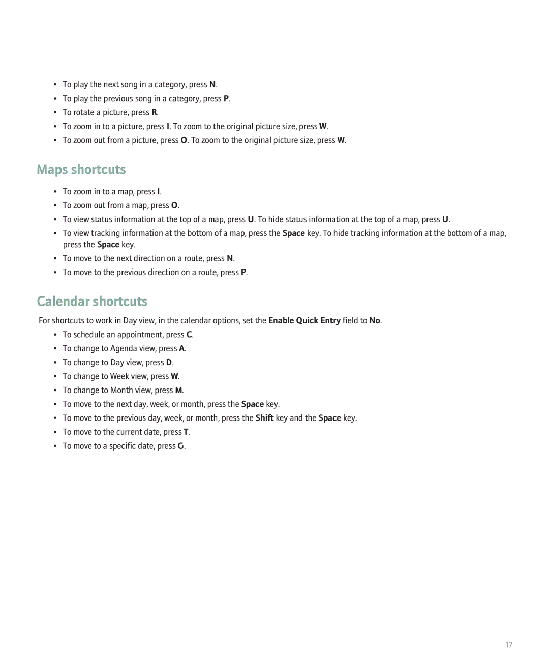 Blackberry 8300 manual Maps shortcuts, Calendar shortcuts 