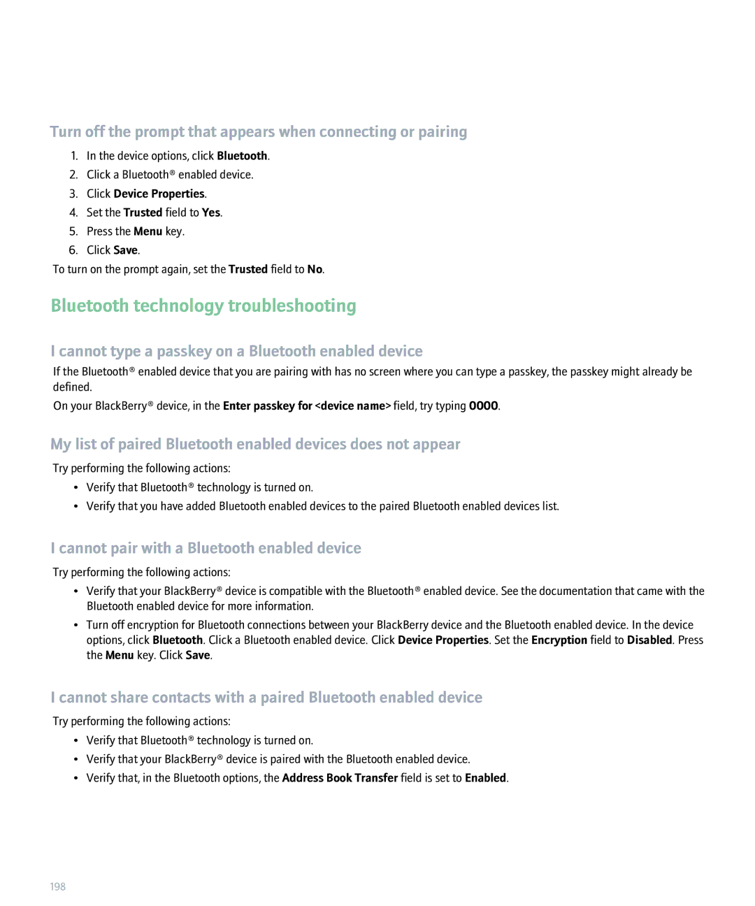 Blackberry 8300 manual Bluetooth technology troubleshooting, Turn off the prompt that appears when connecting or pairing 