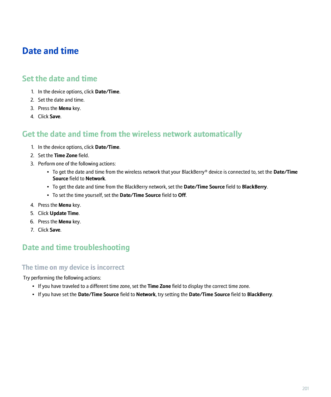 Blackberry 8300 manual Set the date and time, Date and time troubleshooting, Time on my device is incorrect 