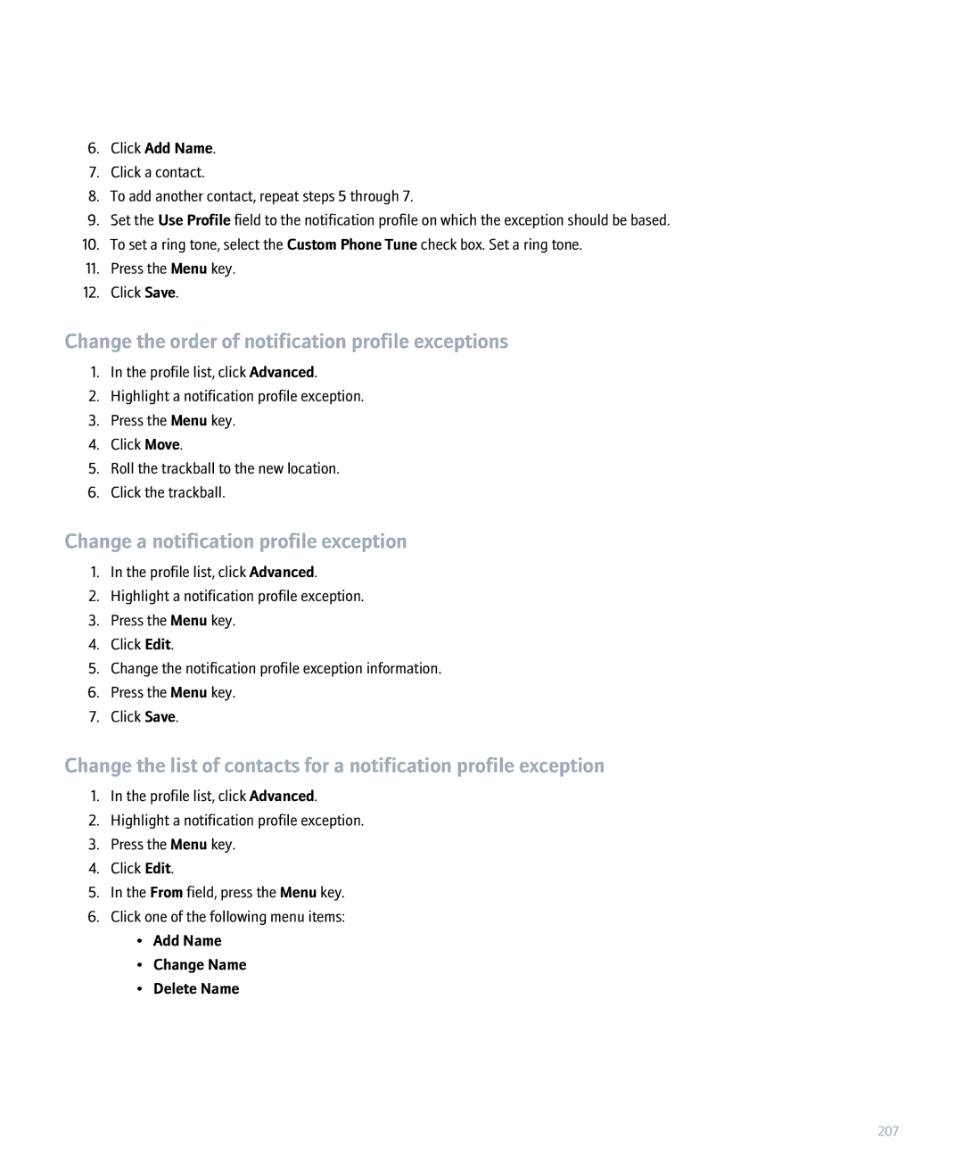 Blackberry 8300 manual Change the order of notification profile exceptions, Change a notification profile exception 