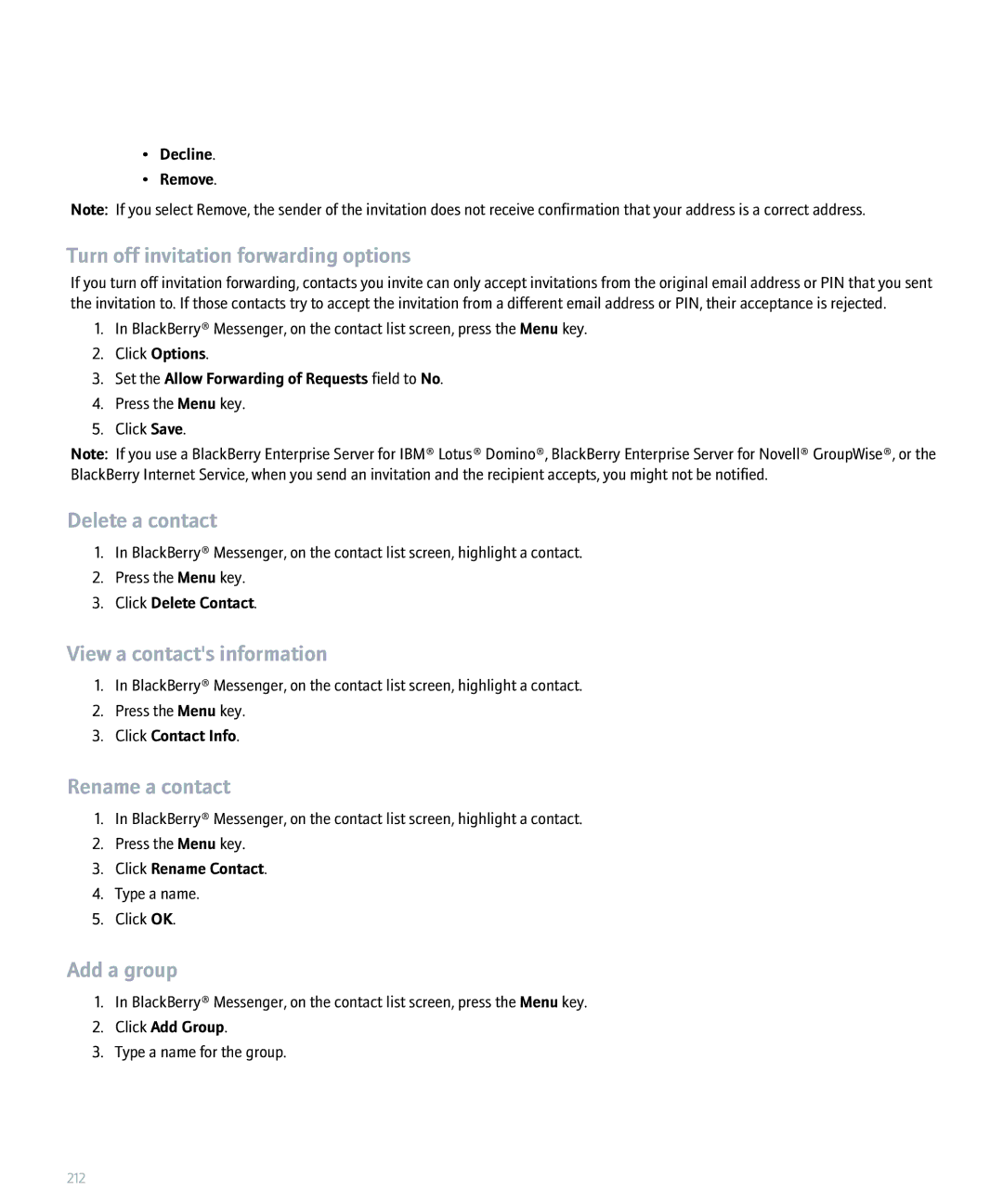 Blackberry 8300 manual Turn off invitation forwarding options, View a contacts information, Rename a contact, Add a group 