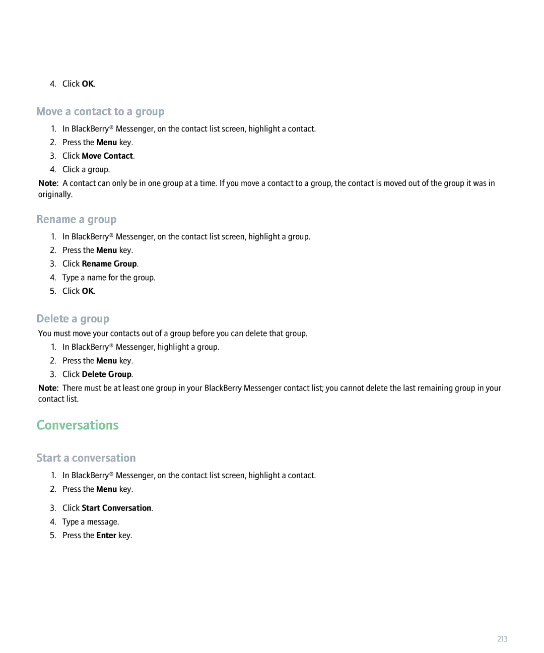 Blackberry 8300 manual Conversations, Move a contact to a group, Rename a group, Delete a group, Start a conversation 