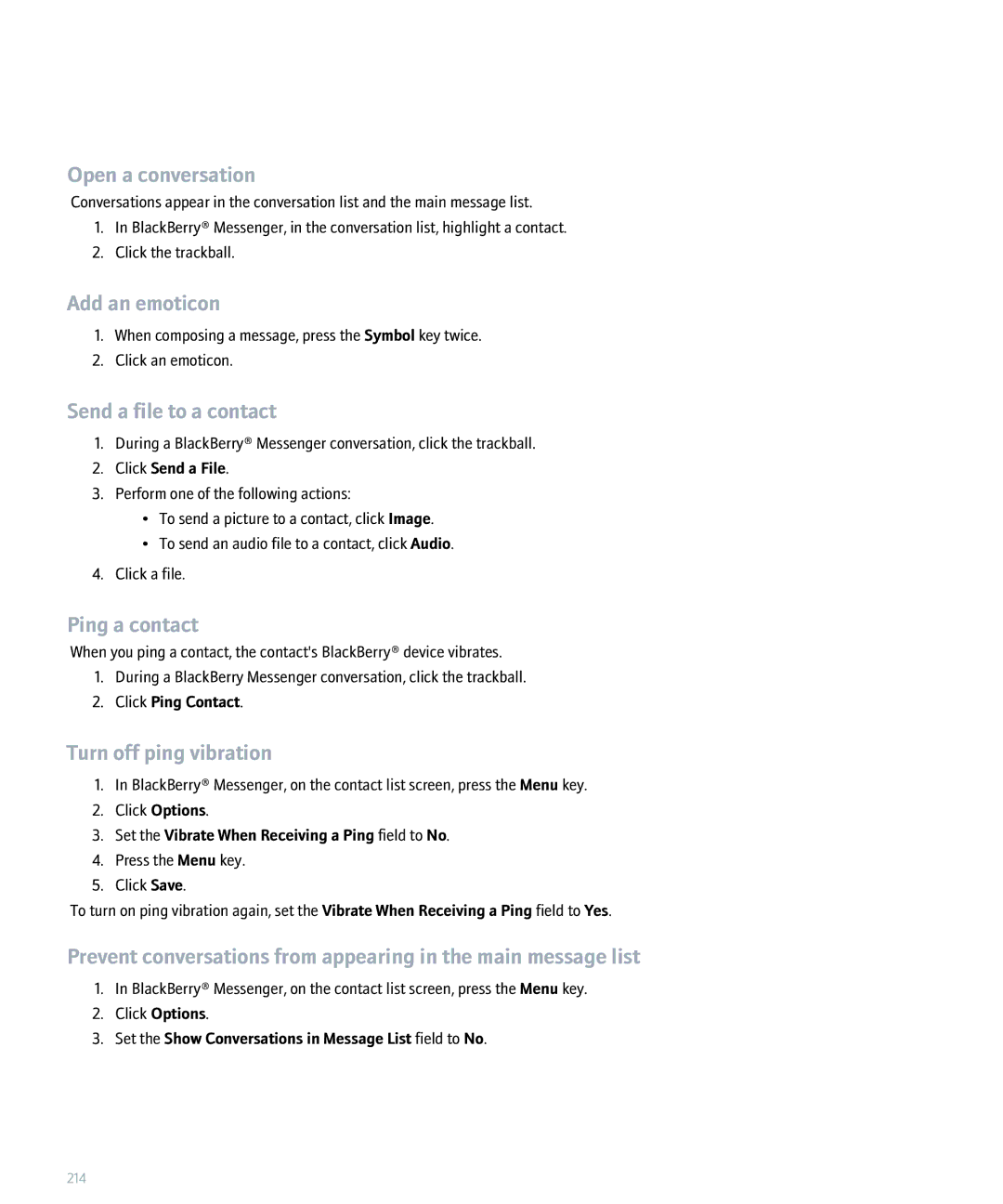 Blackberry 8300 Open a conversation, Add an emoticon, Send a file to a contact, Ping a contact, Turn off ping vibration 