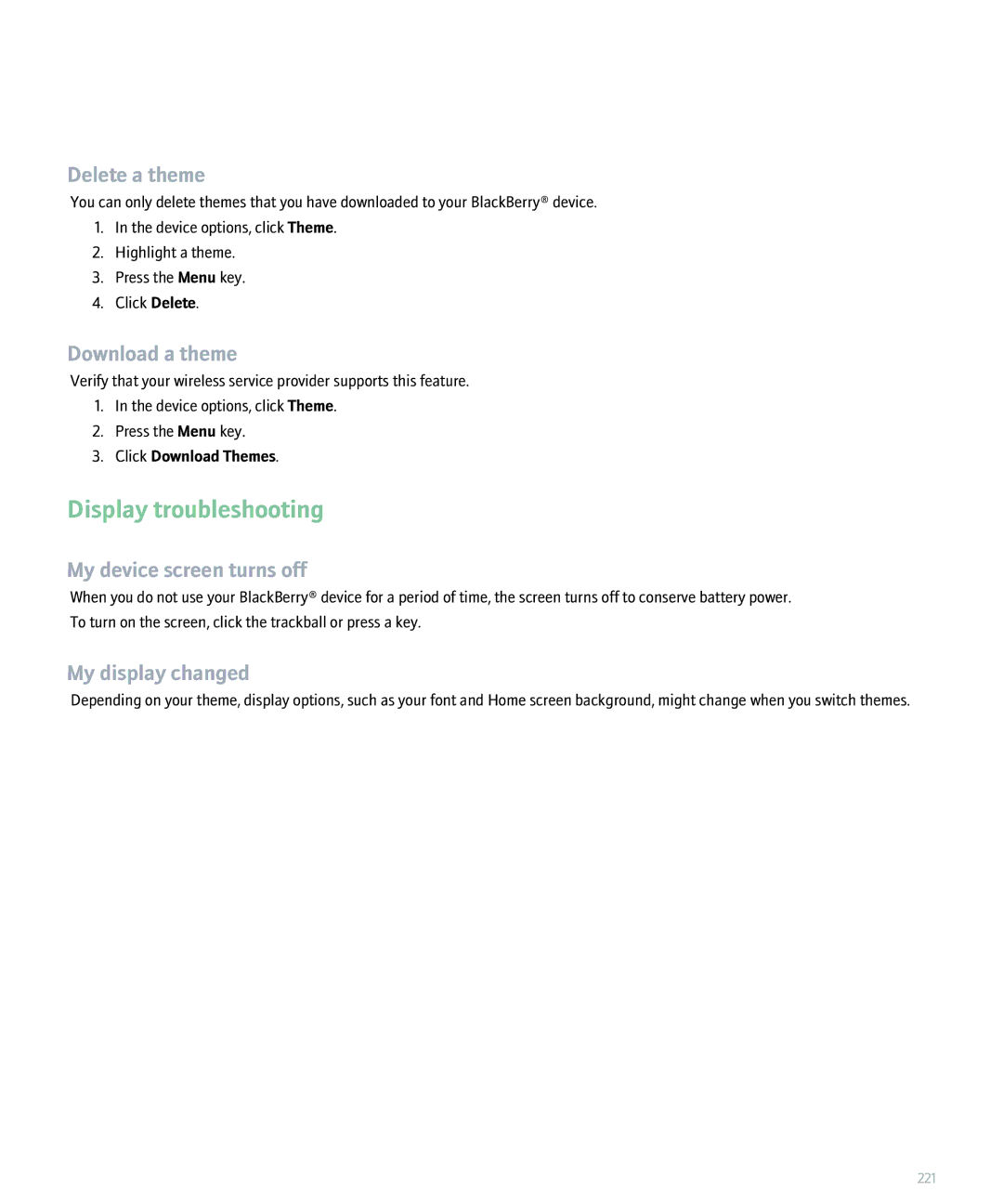 Blackberry 8300 Display troubleshooting, Delete a theme, Download a theme, My device screen turns off, My display changed 