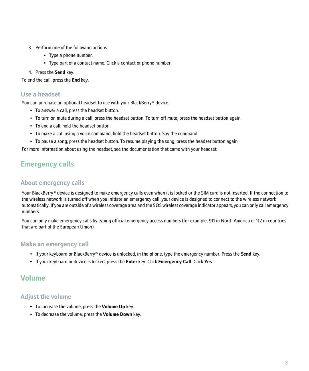 Blackberry 8300 manual Emergency calls, Volume 