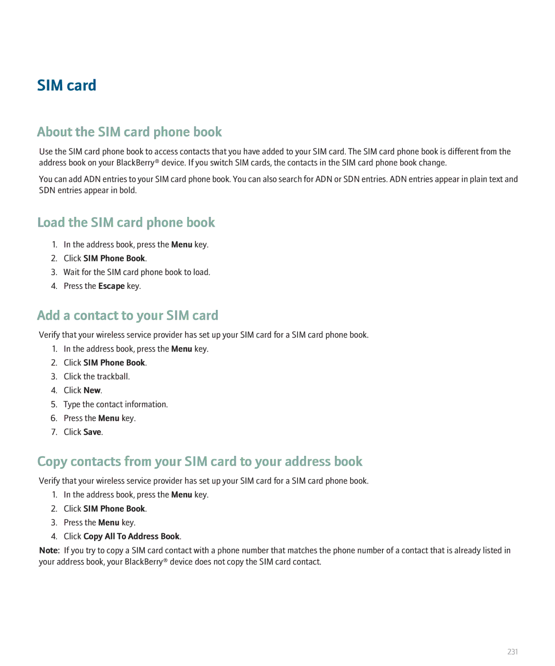 Blackberry 8300 manual About the SIM card phone book, Load the SIM card phone book, Add a contact to your SIM card 