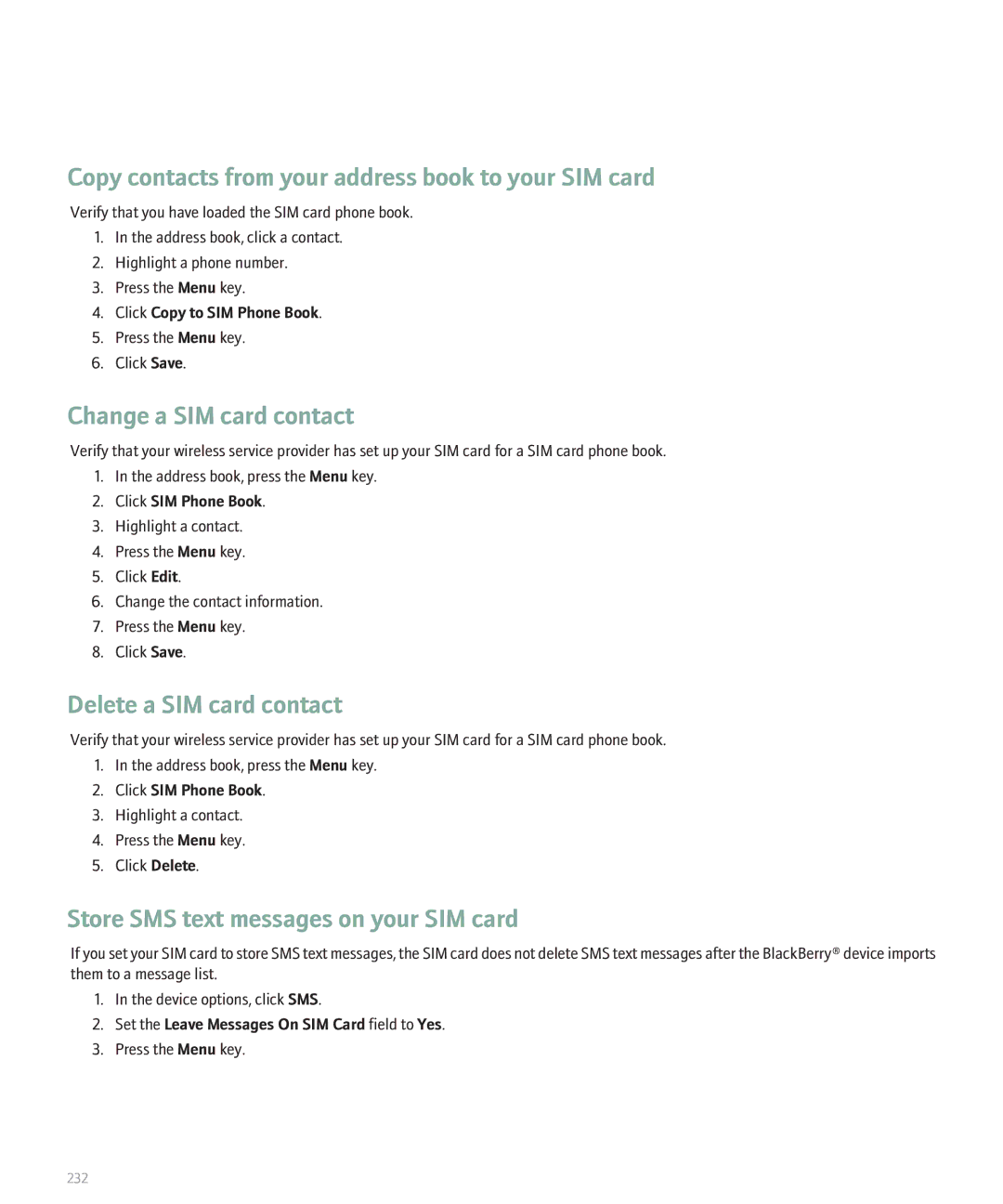 Blackberry 8300 manual Copy contacts from your address book to your SIM card, Change a SIM card contact 