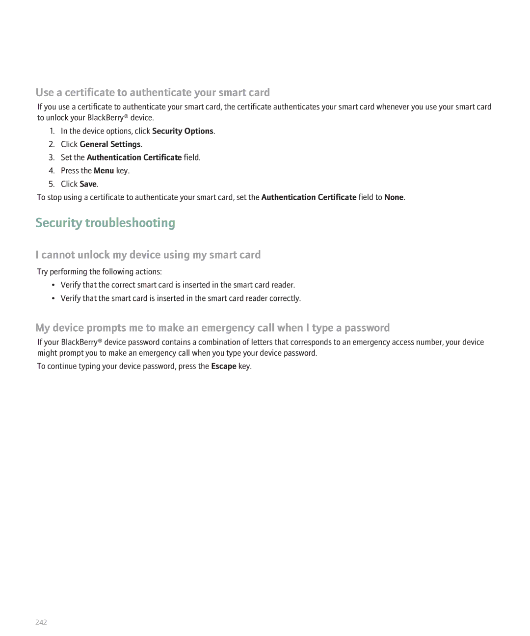Blackberry 8300 manual Security troubleshooting, Use a certificate to authenticate your smart card 