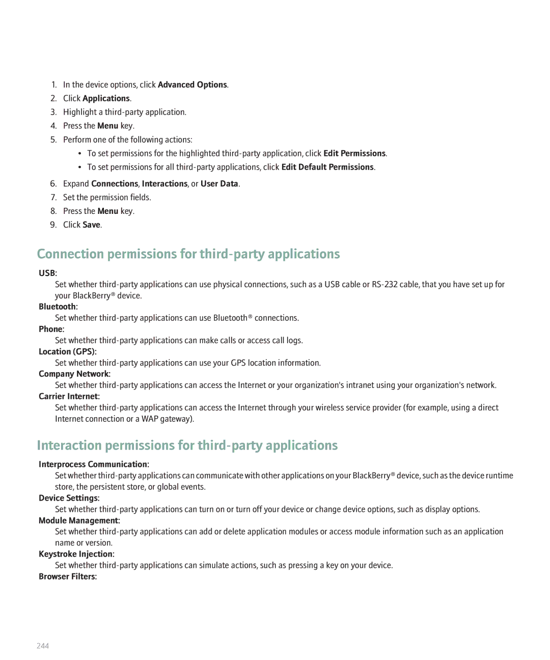 Blackberry 8300 Connection permissions for third-party applications, Interaction permissions for third-party applications 