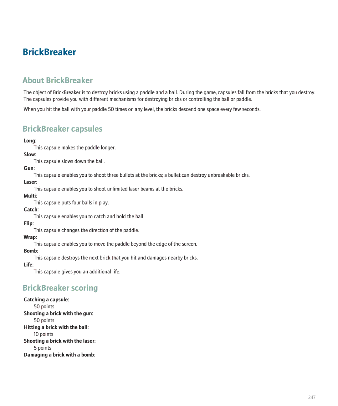 Blackberry 8300 manual About BrickBreaker, BrickBreaker capsules, BrickBreaker scoring 