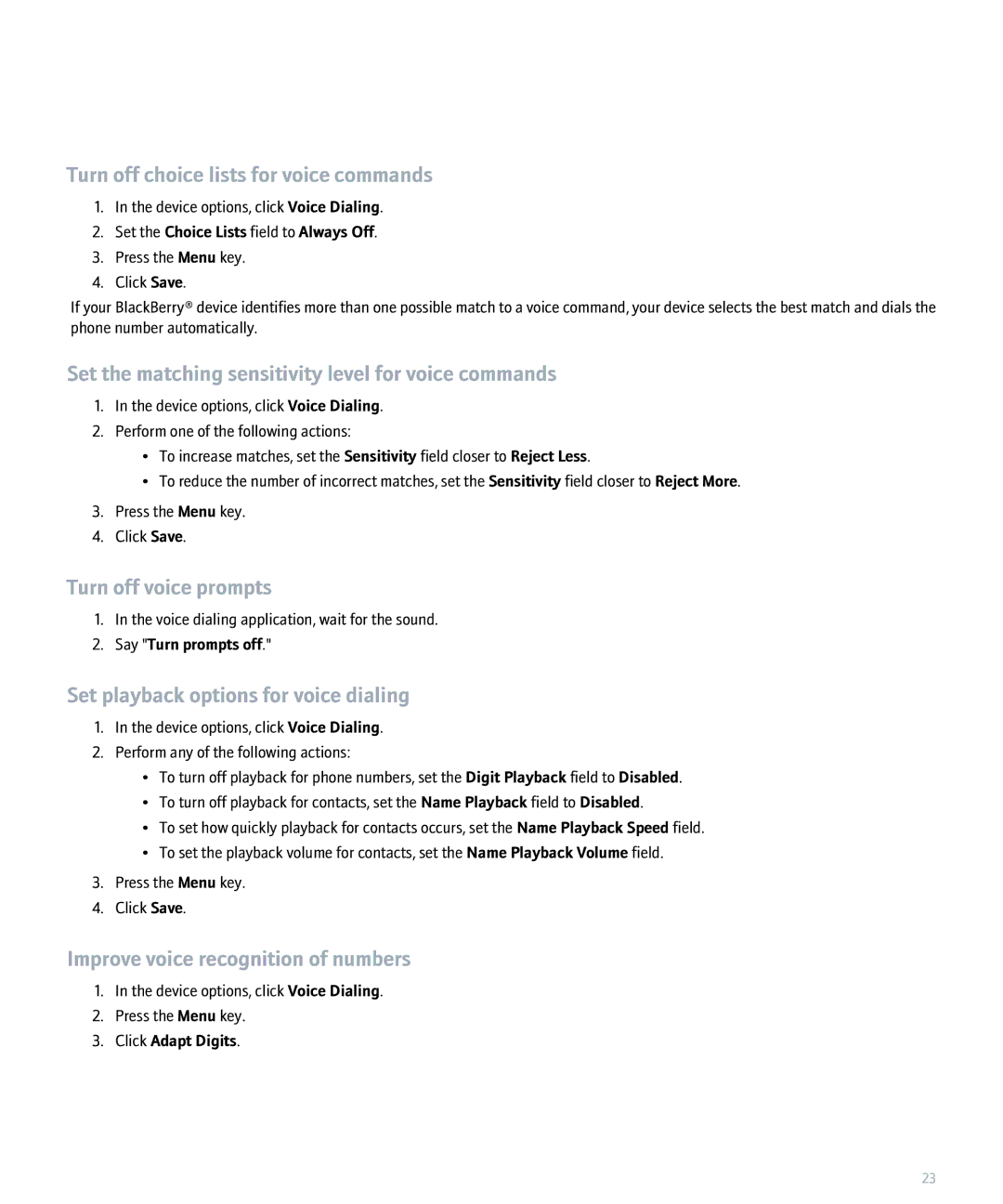 Blackberry 8300 manual Turn off choice lists for voice commands, Set the matching sensitivity level for voice commands 