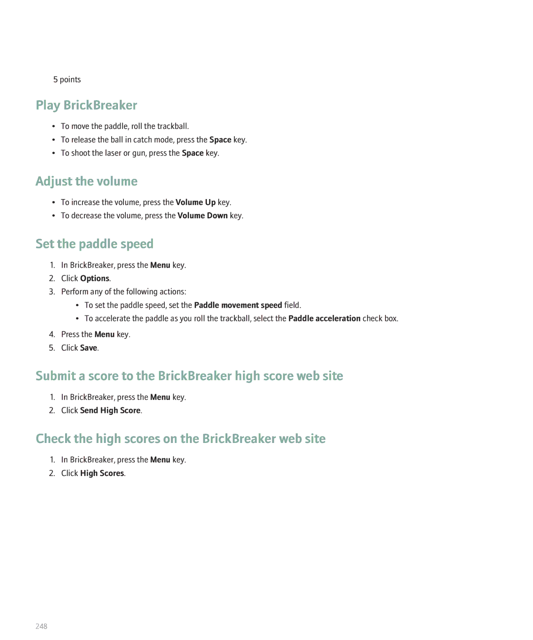 Blackberry 8300 manual Play BrickBreaker, Adjust the volume, Set the paddle speed 