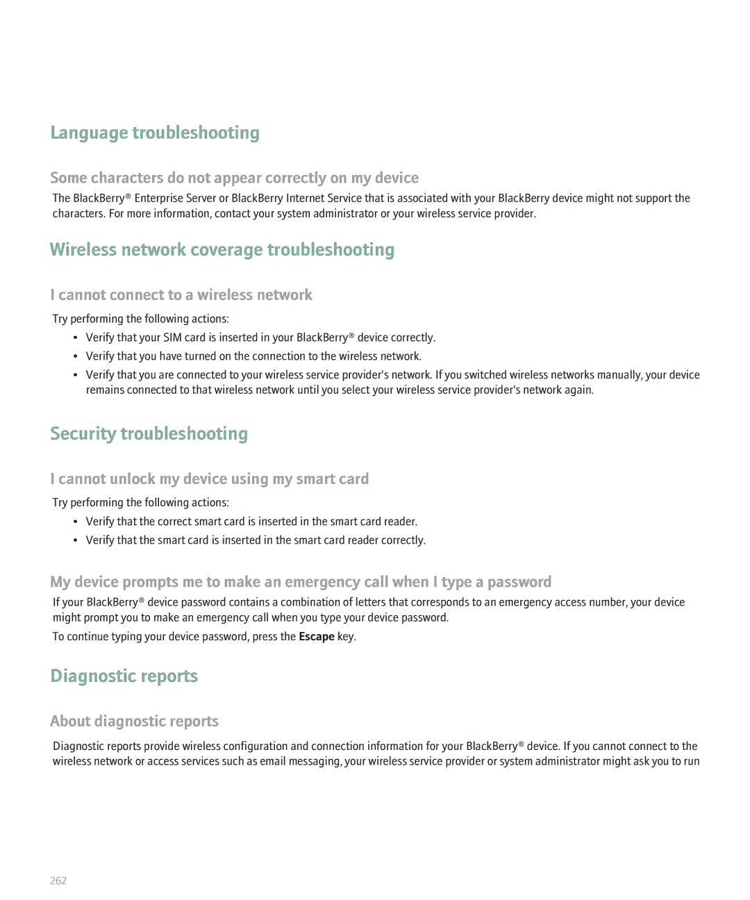 Blackberry 8300 manual Diagnostic reports, About diagnostic reports 