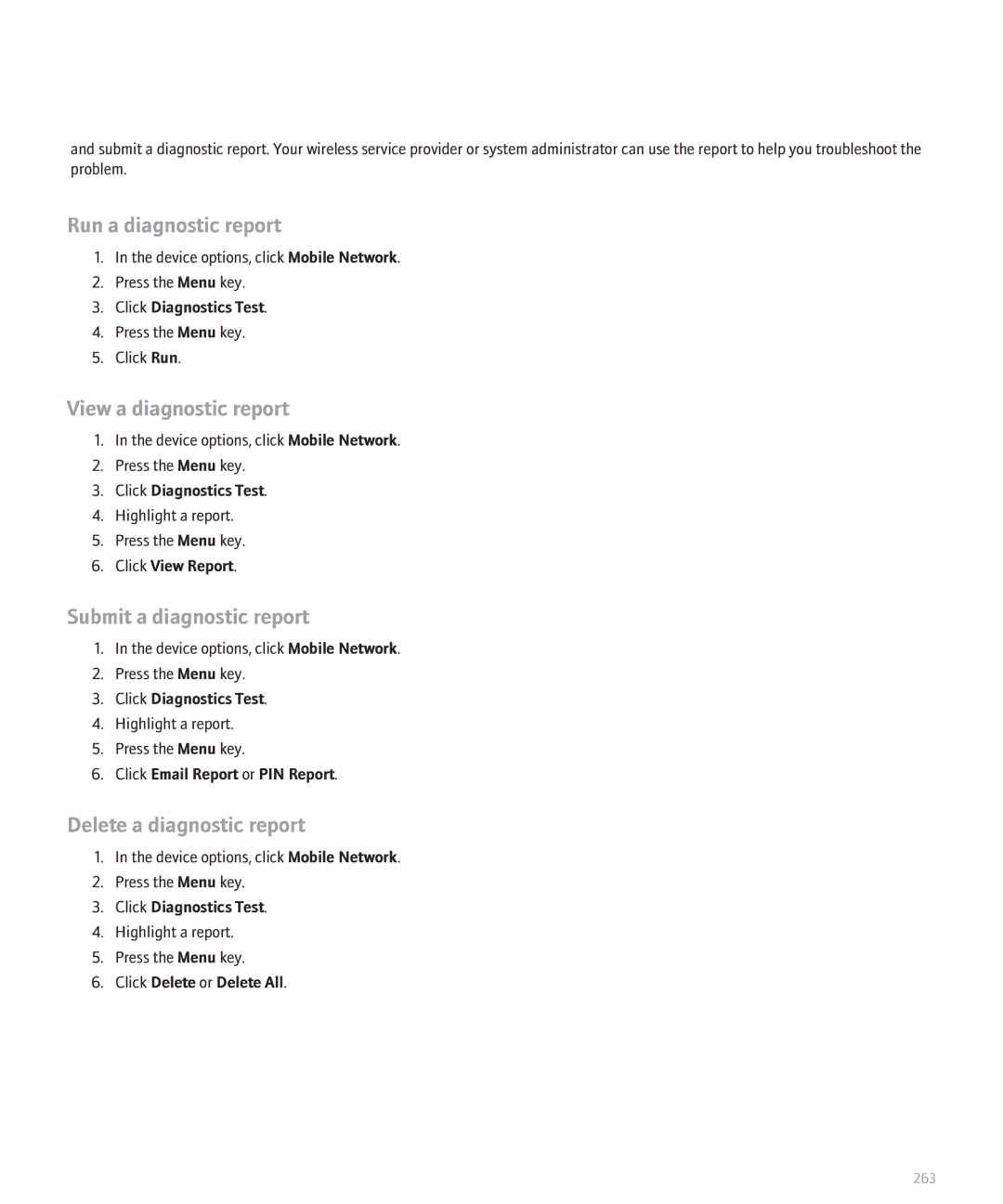 Blackberry 8300 Run a diagnostic report, View a diagnostic report, Submit a diagnostic report, Delete a diagnostic report 
