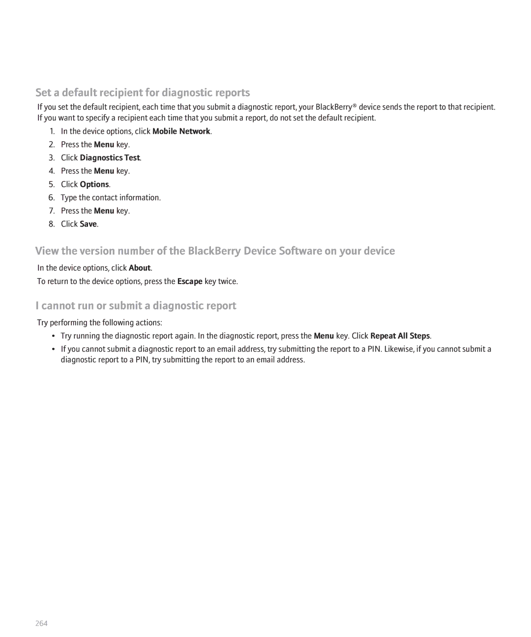 Blackberry 8300 manual Set a default recipient for diagnostic reports, Cannot run or submit a diagnostic report 