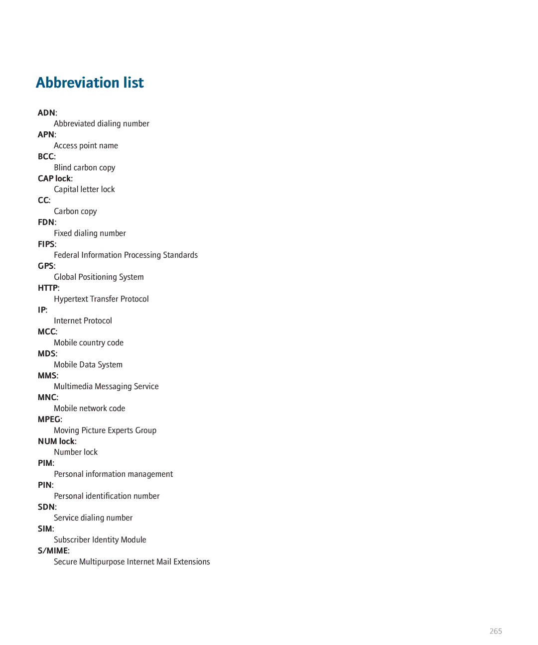 Blackberry 8300 manual Abbreviation list, CAP lock, NUM lock 